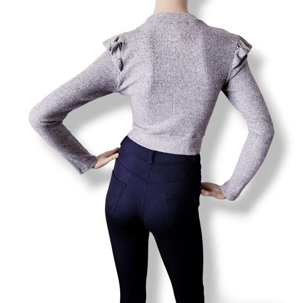 Heart & Hips Gray Ribbed Ruffled Shoulder Cropped Sweater Top - Picture 6 of 8